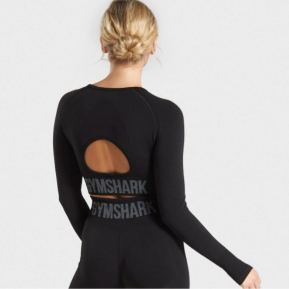 Gymshark Flex Long Sleeve Crop Top Black Cutout Back Women’s Size M - Picture 3 of 9